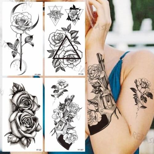 Black Rose Gun Temporary Tattoos For Women Adults Realistic Geometric Flora Moon Fake Tattoo Sticker Waterproof Sexy Arm Tatoos