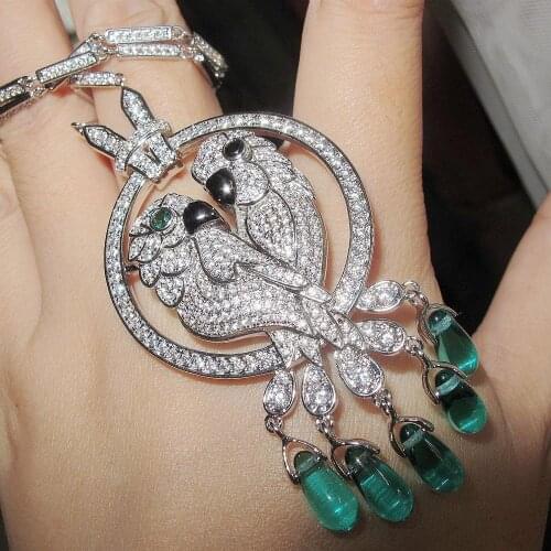 Vintage cubic zircon green stone tassel pendant luxury necklace designer copper fashion Jewellery for women party