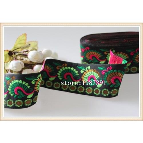 High quality 9yards/lots Woven Jacquard Ribbon 5cm black background Colourful flowers pattern LS-3685