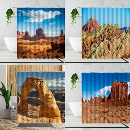 Western Natural Scenery Shower Curtain Desert Mountains Blue Sky Bathroom Waterproof Bath Curtains Garden Wall Decor With Hooks