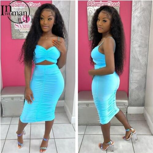 Inwoman Bodycon Backless Ruched Top Maxi Skirts Womens 2021 Summer Sexy 2 Two Piece Set Women Skirt Club Outfits Matching Sets