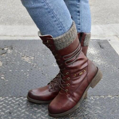 New Retro Woman Shoes Pu Leather Winter Boots Women Fashion Vintage Rivets Round Toe Lace-Up Mid-calf Zipper Boots 43