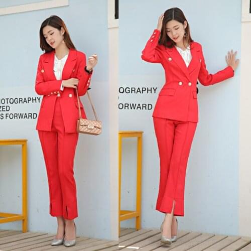 Women Pants Suit Women red Suits Fashion slim Double-breasted Blazer+Pants 2 Two Piece Office Ladies OL Pants Work wear sets
