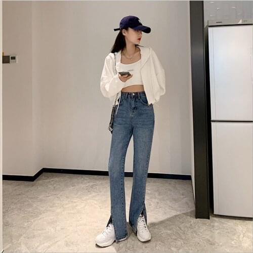 High quality split long Jeans Woman High Waist trousers Denim Trousers Washed Denim harem Pants loose long Pants 2021