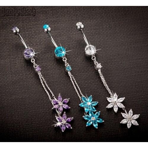 Gothic Punk Crystal Zircon Dangle Belly Button Rings For Women Stainless Steel Rhinestone Flower Tassel Body Piercing Jewelry