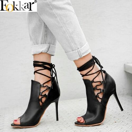 Eokkar 2019 Women Thin High Heel Mules Pumps Open Toe Cross Tied Elegant Ladies Gladiator PU Leather Black Stilettos Size 34-43
