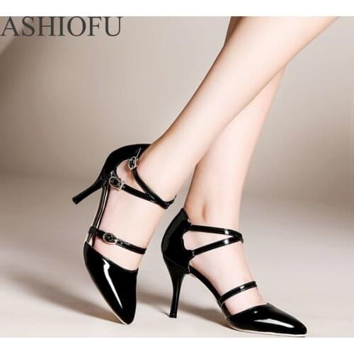 ASHIOFU Factory Sale Ladies High Heel Pumps Cross Buckle Strap Party Prom Dress Shoes Large Size Fashion Evening Daily Shoes