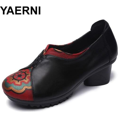 YAERNI Spring Autumn Genuine Leather Round Heel Ladies High Heels Shoes 2020 Mid Heel 4cm Slip Elegant Ladies Shoes