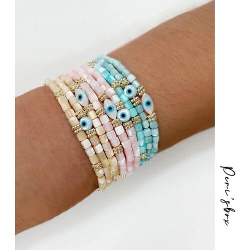 Perisbox 3 Designs Handmade Multicolor Natural Shell Bead Bracelet For Women Boho Beaded Devil Eye Bracelets