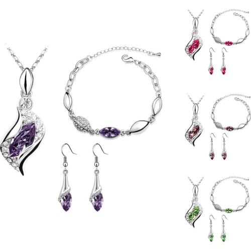 Women Rhinestone Geometric Pendant Necklace Bracelet Hook Earrings Jewelry Set