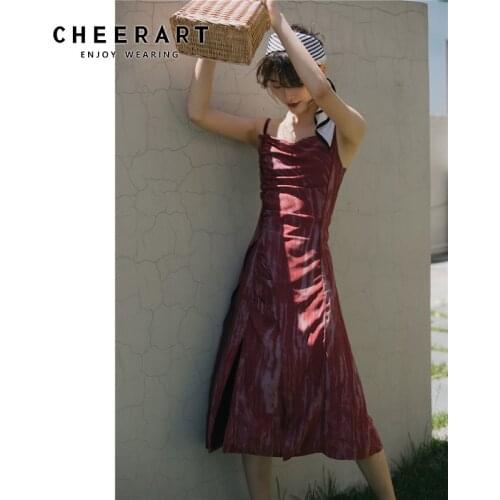 CHEERART Tie Dye Red Long Midi Slip Dress Women Backless Fit And Flare Ruched Spaghetti Strap Slit Dress Summer 2020 Fashion