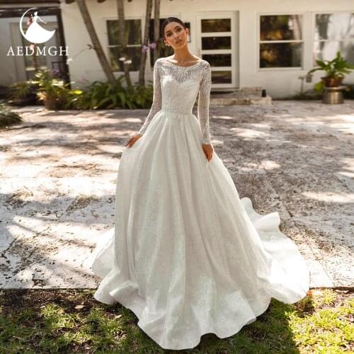 Aedmgh A-Line Beach Wedding Dresses 2021 2 In 1 O-Neck Long Sleeve Satin Bride Dress Lace Appliques Shiny Vestido De Novia