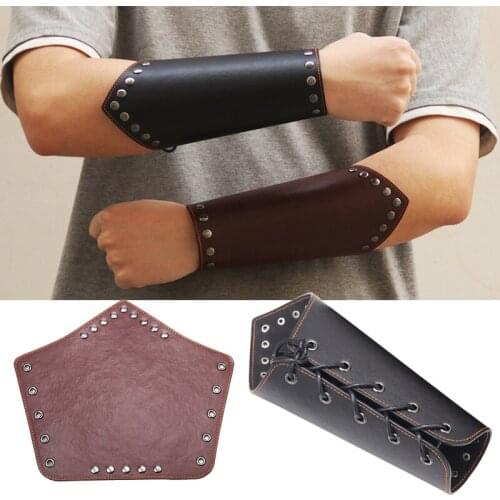 1PC Punk Wide Wristband Leather Bracer Lace Up Steampunk Medieval Gauntlet Wristbands Bracelets Bangles Cosplay Props