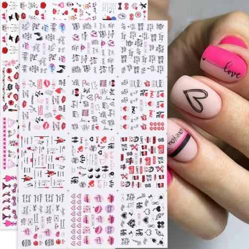 12pcs Romantic Valentines Water Nail Stickers Love Heart Letter Sliders For Nails Art Decoration Manicure Tattoo LYBN1489-1500