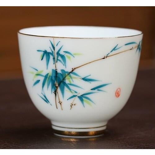 2Pcs Bamboo Hydrangea Hand-Painted Tea Set Under Glaze Color Porcelain Teacups White Porcelain Kung Fu Tea Cups