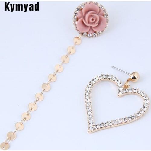 Kymyad Flower Heart Asymmetric Stud Earrings For Women Sequins Tassel Earrings Gold Color Crystal Earings Fashion Jewelry