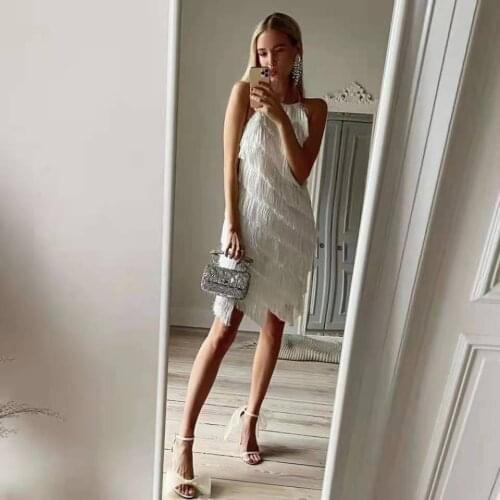 2021 Summer New White Sexy Halter Off Shoulder Tassel Bodycon Mini Bandage Dress Celebriity Fashion Club Party Dress Vintage