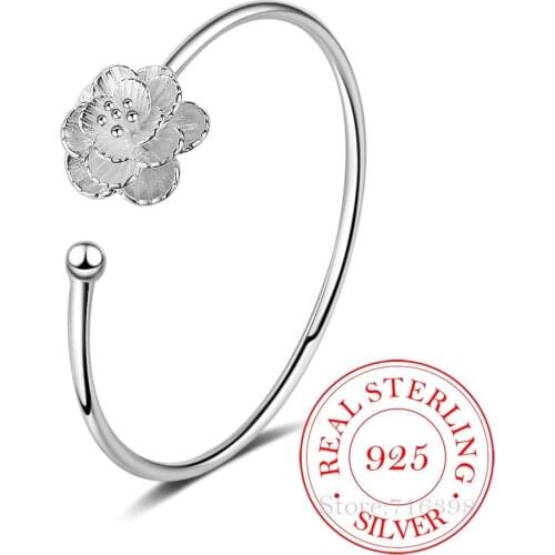 Cherry Blossom Flower 925 Sterling Silver Opening Bangles For Women pulseira Silver 925 Jewelry