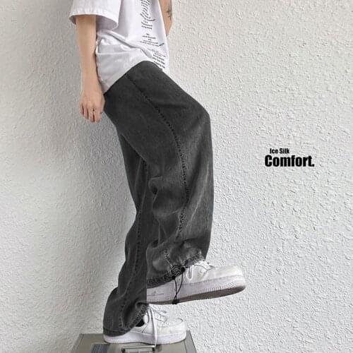2021 Summer Mens Thin Ice Silk Casual Pants Baggy Homme Wide Leg Pants Classic Style Cargo Pocket Jeans Biker Denim Trousers