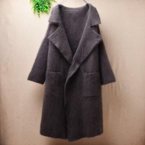 Elegant fashion ladies women fuzzy mink cashmere suit collar long cardigans angora fur knitted winter fall coat sweater pull