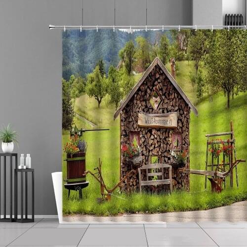 European Garden Landscape Shower Curtain Green Trees Forest Rivers Windmill Wooden House Rural Countryside Scenery Bath Curtains