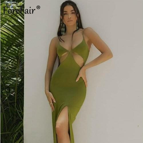 Forefair Spaghetti Strap Bodycon Long Dress Women Hollow Out Design Sexy V Neck Backless Night Club Cut Out Wrap Dress 2021