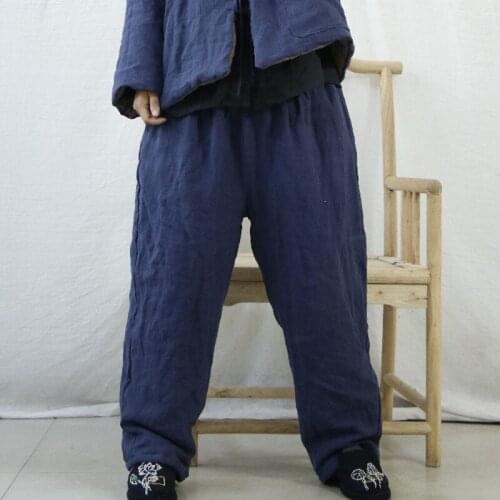 Johnature 2020 Winter New Full Length Cotton Linen Elastic Waist Thicken Straight Pants Loose Comfortable All-match Women Pants