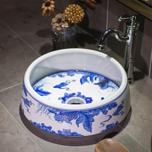 Chinese New design porcelain art handmade countertop decorative blue and white ceramic wash basin bathroom sinks