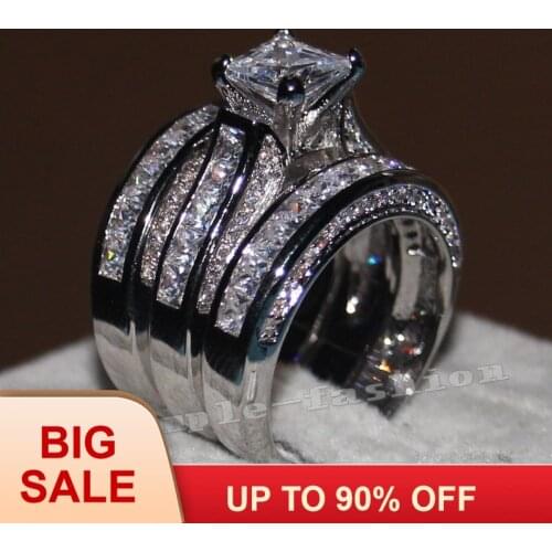 Fashion Jewelry Women Full 20ct Cz birthstones ring 14KT White Gold Filled 3-in-1 Engagement Wedding Band Ring Set