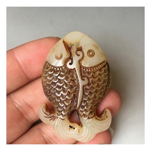 Fine Old Two-sided Hand-carved Chinese Hetian White Jade Pendant - Two Fish Animal Statue Small Gift