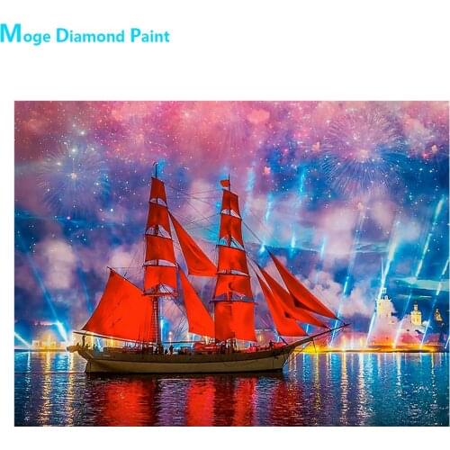 Red Sailing Firework Landscape Diamond Painting Round Full Drill Nouveaute DIY Mosaic Embroidery 5D Cross Stitch Scenic Pattern