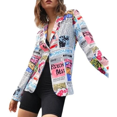Creative fashion Spring Style Colorful Pattern Small Suit Suit Newspaper Printing V-neck Definition Waist One-key Slim Suit