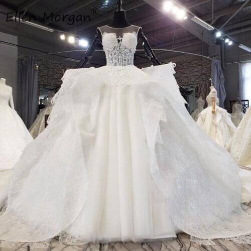 Ivory Lace Ball Gowns Wedding Dresses 2021 Boat Neck See Through Custom Made Princess Ruffles Bridal Gowns for Women