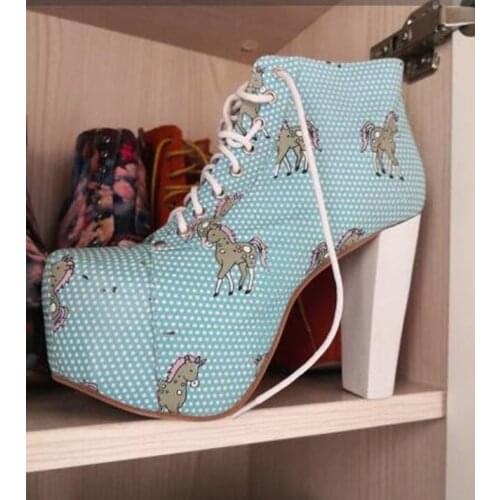 Cute Fawn Cloth Wooden Heels Lace Up Ankle Boots High Platform Chunky High Heel Martin Boots Female Flower Leather Short Boots