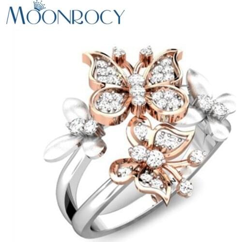 MOONROCY Drop Shipping Rose Gold Color Silver Color Jewelry Wholesale Butterfly CZ Crystal Rings for Women Gift Drop Shipping