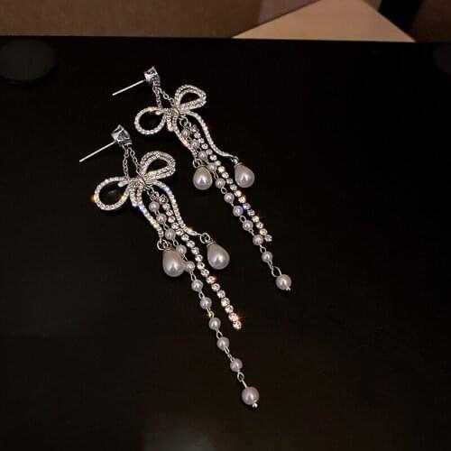 OLIRAFT 2021 Trend Elegant Bowknot Fashion Luxury Bow Earrings Tassel Pearl Water Drop Dangle Earrings for Women Party Student