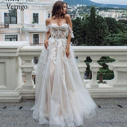 Verngo Sexy Off the Shoulder Wedding Dress Beach Lace Applique Tulle A Line Boho Bride Gowns Fairy 2021 Robe de mariee