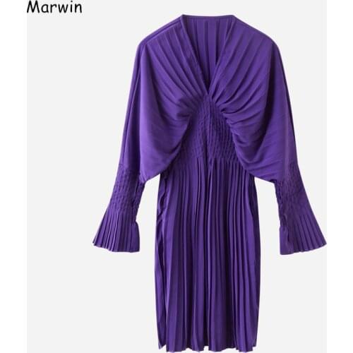 Marwin 2021 New-Coming Spring Solid Draped V-Neck Empire Flare Sleeve Women Dresses High Street Style Knee-Length Dresses