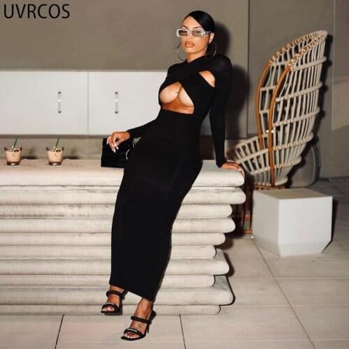 UVRCOS Woman Long Dress Autumn 2021 Fashion Solid Hot Streetwear Women Sexy Cleavage Cross Crop Neck Long Sleeve Women-clothing