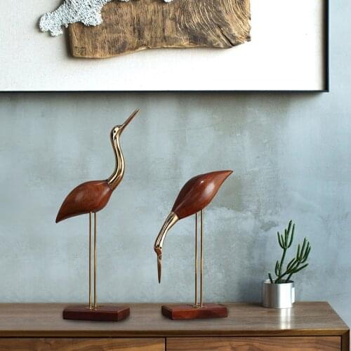 Retro Home Decor Brass Wood Bird Figurine Miniature Ornament Living Room Tea Table Porch Bookcase Desktop Decoration Accessories