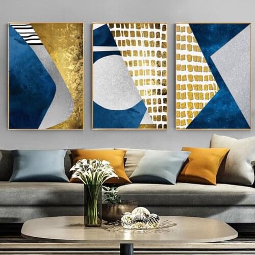 Nordic Abstract Blue Gold Geometric Canvas Painting Wall Art Posters Prints Wall Pictures for Living Room Home Cuadros Decor
