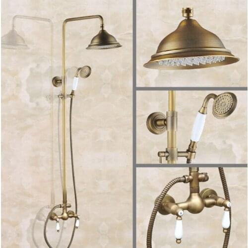 Retro Antique Brass Wall Mounted 8 Inch Rain Bathroom Rainfall Shower Faucet Set Double Handle Hand Spray Head Mixer Tap 2an116