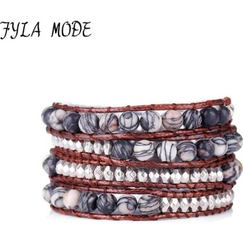Fyla Mode Unique Natural 6mm Stone Beads Wax Cord Wrap Bracelet Personalized Multi Layered Beads Bracelet Natural Stone Bracelet