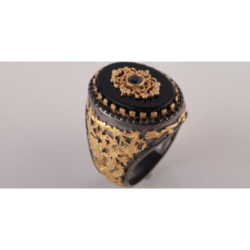 UM US JEWELRY Gold Plated Black Ancl Authentic Embroidered 925 Sterling Silver Ring