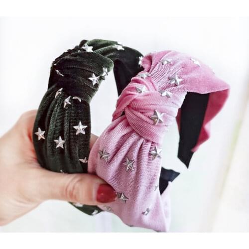 Women Pink Velvet Headbands with Metal Stars Solid Velvet Hairbands Knotted Center Not Slip Adults Winter Head Band Hair Hoop