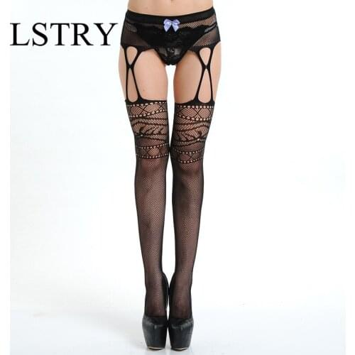 Women Sexy Stockings Lingerie Open Crotch Stripe Lace Elastic Transparent Black Hollow Out Tights Erotic Thigh Sheer Pantyhose