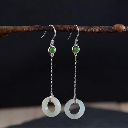 FNJ Hetian Jade Earrings 925 Silver Original Pure S925 Sterling Silver Drop Earring for Women Jewelry Tassel Bead Jasper