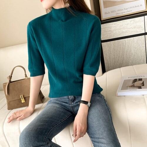 2021 fall/winter new ladies pullover casual solid color half high neck cashmere sweater half sleeve 100% wool sweater ladies top