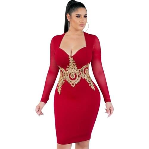 2020 Spring Floral Appliques Sexy Bodycon Dress Women Square Collar Mesh Long Sleeve Elegant Night Club Party Pencil Midi Dress
