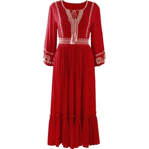 PERHAPS U Women Red O-neck Bow Bohemian Embroidery Long Sleeve Empire Beach Holiday Midi Dress Spring Summer Indie Folk D2437